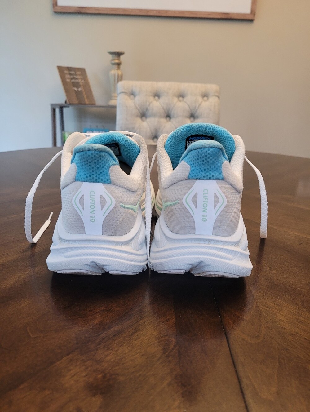 Hoka Clifton 10 White and Aqua Performance Running Sneakers.  Size  9.5B - Picture 4 of 8